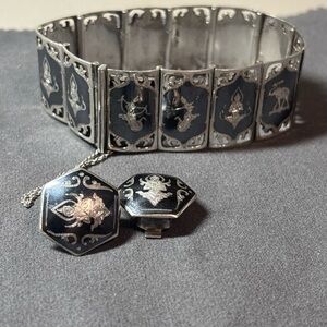 Vintage Sterling Silver SIAM Stamped Link Bracelet And Earrings 7in